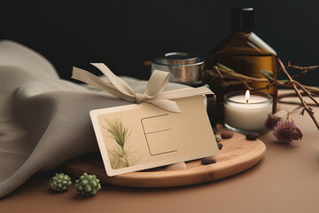 Close up with Spa service gift card on wooden table. Still life concept