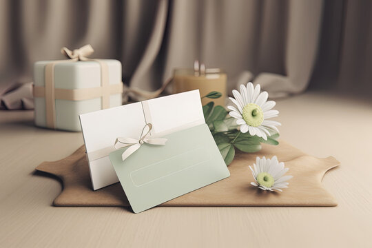 A mock up of a spa gift card and white flowers