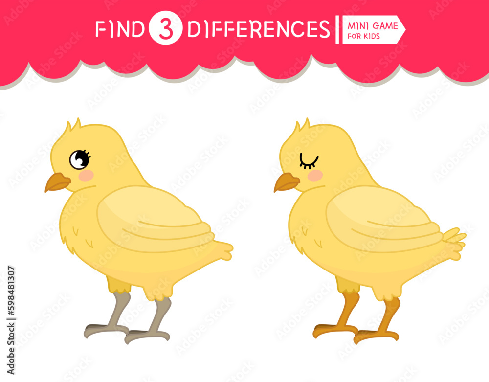 Wall mural find differences. educational game for children. cartoon vector illustration of cute chick.