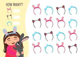 Counting educational children game, math kids activity sheet. How many objects task. Vector illustration of cute girl.
