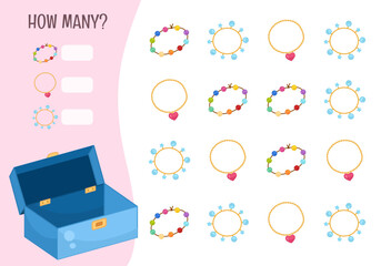 Counting educational children game, math kids activity sheet. How many objects task. Vector illustration of beautiful jewelry box.
