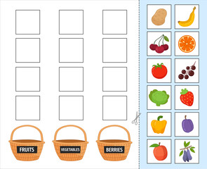 Matching children educational game. Put fruits, vegetables and berries in the correct basket.
 Activity for pre sсhool years kids and toddlers.