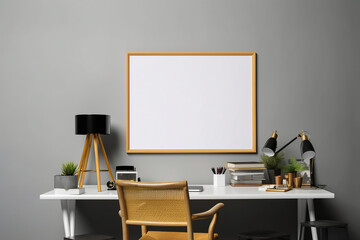 blank white photo frame or canvas for mockup on the working home office room