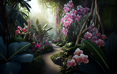 Fototapeta na wymiar Jungle Blossoms Unfurling: Vivid Flowers Blooming in Nature Amidst the Gentle Caress of a Soft Breeze, Inviting Nature's Creatures to Revel in Their Beauty and Colors. This Colorful Scene is AI genera