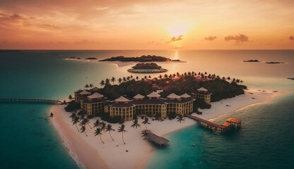 Aerial View of Beautiful Hotel on the Water in Ocean at Sunset, Generative AI