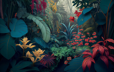 Jungle Blossoms Unfurling: Vivid Flowers Blooming in Nature Amidst the Gentle Caress of a Soft Breeze, Inviting Nature's Creatures to Revel in Their Beauty and Colors. This Colorful Scene is AI genera