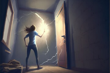 Naklejka na ściany i meble Electric bolt-wielding woman shattering wall. Fantasy concept , Illustration painting. Generative AI