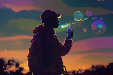 Youth blowing luminescent bubbles into evening sky. Fantasy concept , Illustration painting. Generative AI