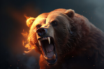 Image of an angry brown bear and flames. Wildlife Animals. Illustration, generative AI - obrazy, fototapety, plakaty
