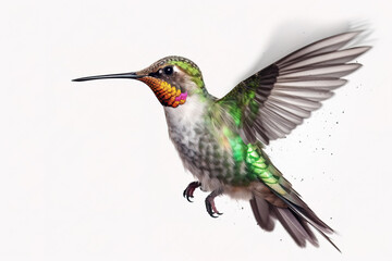 Fototapeta premium image of brightly colored hummingbirds in flight on white background. Wildlife. Birds. illustration, generative AI.