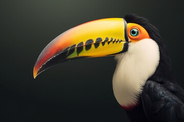 Image of side view of a toucan bird with a large and colorful beak.. Bird. illustration. Generative AI.