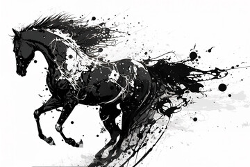 Image of a horse drawing using a brush and black ink on white background. Wildlife Animals. Illustration, generative AI.