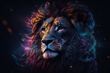 Image of a lion head with beautiful bright colors on a dark background. Wildlife Animals. Illustration, generative AI.