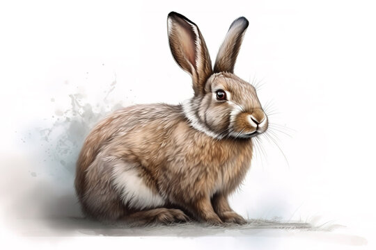 Image of a rabbit sitting on white background. Pet. Animals. Illustration, generative AI.