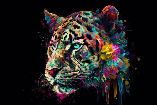 Image of a tiger head with beautiful bright colors on a dark background. Wildlife Animals. Illustration, generative AI.
