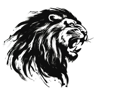Image of a lion drawing using a brush and black ink on white background. Wildlife Animals. Illustration, generative AI.