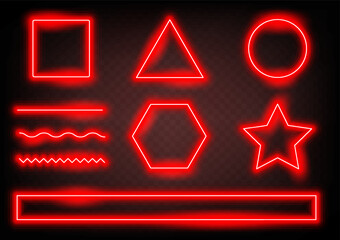 Set of frame shape transparent glass effect. Abstract red light neon border shape. Object element glowing vector background.