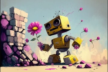 Cute robot touching a flower in a post-apocalyptic city. Fantasy concept , Illustration painting. Generative AI
