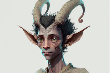 Fantasy/sci-fi character with curled horns resembling a human. Fantasy concept , Illustration painting. Generative AI