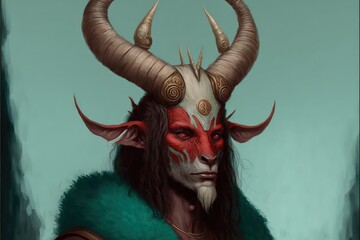 Fantasy/sci-fi character with curled horns resembling a human. Fantasy concept , Illustration painting. Generative AI