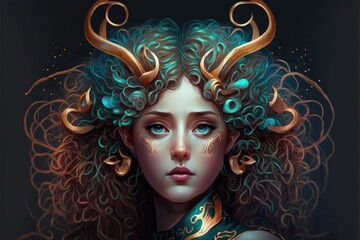 Fantasy/sci-fi character with curled horns resembling a human. Fantasy concept , Illustration painting. Generative AI