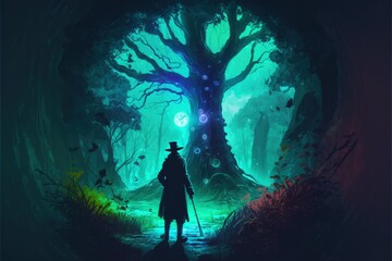 Obraz na płótnie Canvas man wielding enchanted staff walking on colossal tree in magical forest. Fantasy concept , Illustration painting. Generative AI
