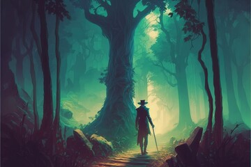 man wielding enchanted staff walking on colossal tree in magical forest. Fantasy concept , Illustration painting. Generative AI
