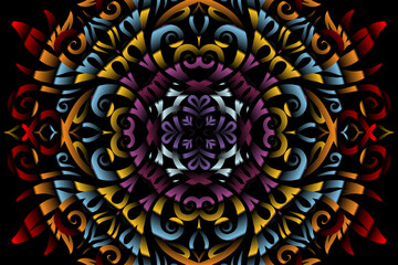 Beautiful caleidoscope colourful gradient flowers line art of traditional background batik dayak ornament design template elements