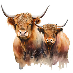 Highland Cow Illustration. Cow And Calf Image - obrazy, fototapety, plakaty
