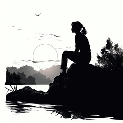 silhouette of women sitting on mountain top rock, isolated vector illustration on white background for logo, graphic design, advertising, and marketing. generative ai