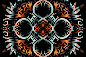 Beautiful caleidoscope colourful gradient flowers line art of traditional background batik dayak ornament design template elements