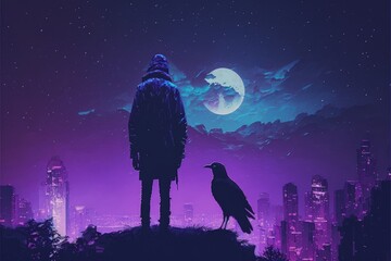 Voyager with his raven in deserted city at night. Fantasy concept , Illustration painting. Generative AI