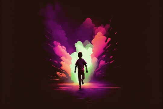 Boy sprinting while lifting up vibrant smoke torch on gloomy background. Fantasy concept , Illustration painting. Generative AI