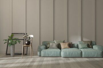 Modern scandinavian interior design with sofa. 3D illustration