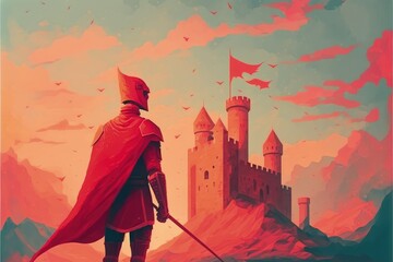 Fototapeta premium red armored knight standing before a fantastical castle amid an orange-clouded sky. Fantasy concept , Illustration painting. Generative AI