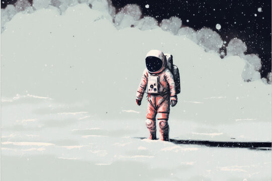 lonely cosmonaut trekking through snow-covered terrain. Fantasy concept , Illustration painting. Generative AI