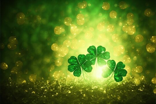 Festive backdrop with glowing four-leaf clovers and golden bokeh for St. Patrick's Day. Fantasy concept , Illustration painting. Generative AI