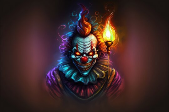 malevolent clown with burning balloon against fiery background. Fantasy concept , Illustration painting. Generative AI