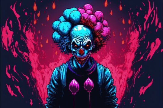 malevolent clown with burning balloon against fiery background. Fantasy concept , Illustration painting. Generative AI