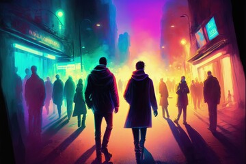 Crowd strolling in the futuristic city at nightfall with multicolored illumination. Fantasy concept , Illustration painting. Generative AI