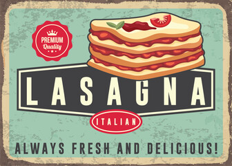 Lasagna retro tin sign Italian cuisine advertisement poster vector template