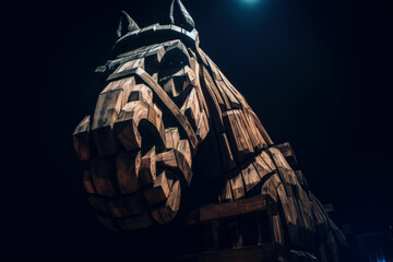 Wooden Trojan Horse head on a dark dramatic background, Generative AI - obrazy, fototapety, plakaty