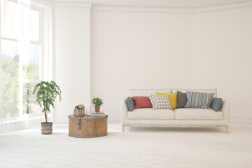 White living room with sofa. Scandinavian interior design. 3D illustration