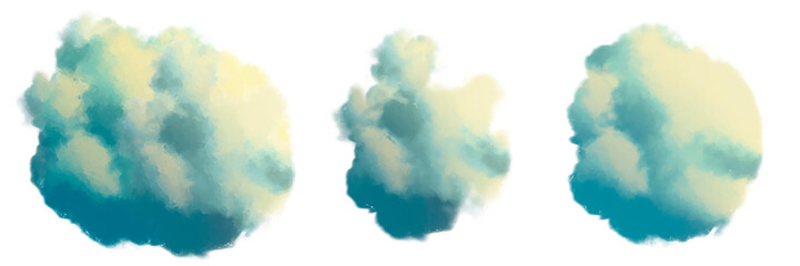 painted, digital art set of abstract fluffy clouds isolated on transparent background, cumulus clip art