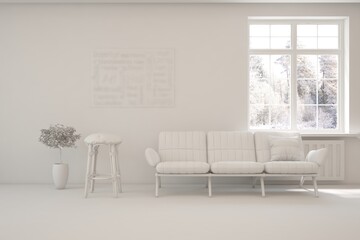 White living room with sofa and winter landscape in window. Scandinavian interior design. 3D illustration