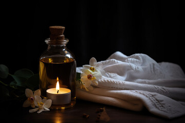 Obraz na płótnie Canvas White towel, a small bottle of essential oil and candle light. Still-life concept