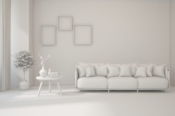 Grey interior desigh concept with furniture. 3D illustration