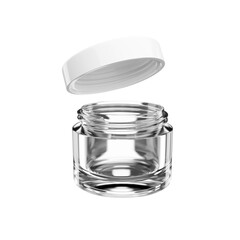 3d rendering of realistic transparent glass cosmetic, cosmetic container and white bottle cap, elegant bottle design , Realistic 3d illustration.