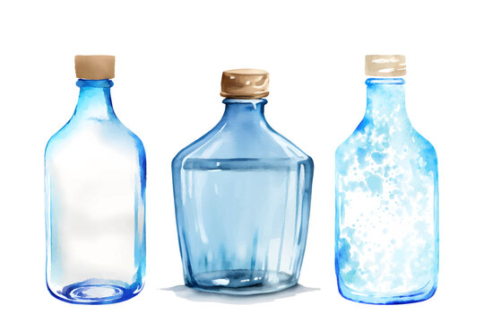 Set of blue glass bottles hand drawn. Watercolor set of abstract transparent glass bottles. The elements are isolated. Generative AI