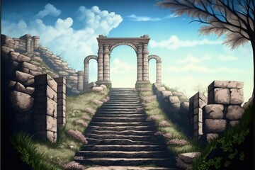 Breathtaking scenery of stone staircase leading to ancient buildings atop the hill. Fantasy concept , Illustration painting. Generative AI